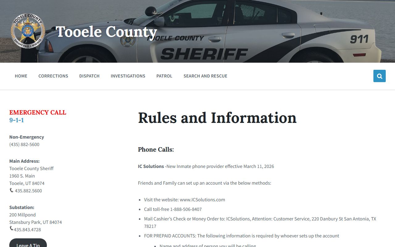 Tooele County Detention Center mail phone commissary rules